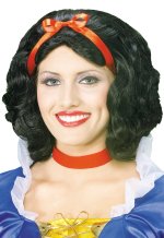 Adult black Snow White style wig with red bow included.