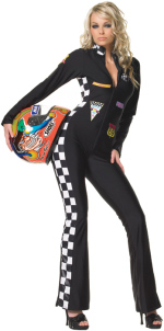The Adult Speed Demon Jumpsuit features embroidered patches.