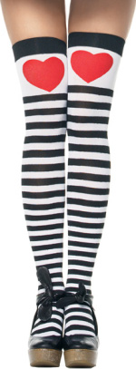 One pair of black and white striped stockings with red heart detailing.