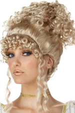 Long blonde goddess wig with tight curls, ideal for Greek or Roman costumes.