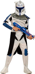 The Child Clone Wars Clonetrooper Leader Rex costume includes a printed jumpsuit and EVA mask.