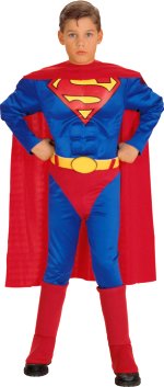 Costume includes cape, `Muscle Chest` jumpsuit with attached boot tops and belt.