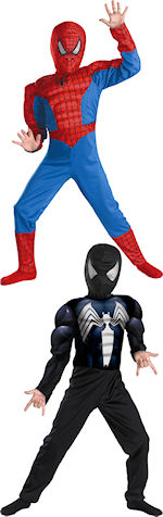 A deluxe reversible muscle costume with red Spider-Man on one side and black on the other. Features 