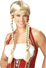 Long blonde plaited wig, ideal for bavarian style costumes.