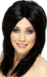 Long wavy layered black covergirl wig.