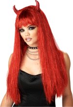 Long red devil wig with horns.