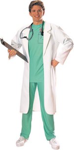 Item includes white coat only. Excludes green vest and trousers, clipboard and stethoscope.
