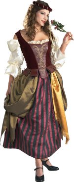 Includes headpiece, corset with attached sleeves, and skirt with attached sash.