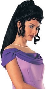 Long black styled wig with curls, ideal for Greek and Roman costumes.