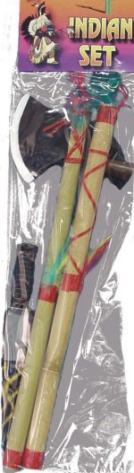 Set of three Indian accessories including peace pipe, tomohawk and knife. Safely made of PVC, rubber