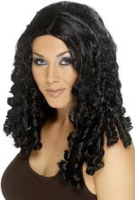 Long black wig with tight spiralling curls and centre parting.