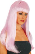 Long straight wig with short fringe in light pink.