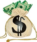 Money bag with dollar sign symbol and golden-coloured drawstring.