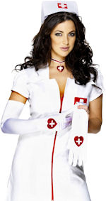 Long white nurses gloves with red glitter heart detail.