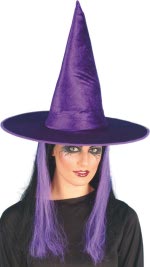 Fancy Dress Costumes - Purple Velour Witch Hat With Hair