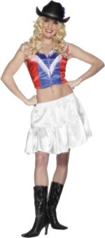Costume includes fringed top and skirt with elasticated waist. Excludes boots.