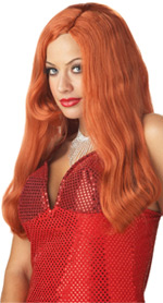 Long red Jessica Rabbit style wig, ideal for creating a glamourous look.