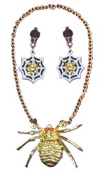 Item includes PVC spider necklace with 'ruby eye' effect and 8cm leg span in gold colour. Cl