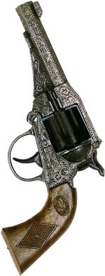 Handgun with ornate design.