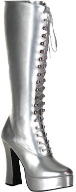 Silver knee high lace-up platform boots with zipper and 5 inch heels.