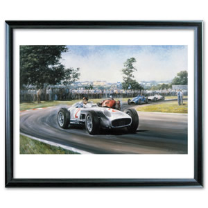 This `Fangio Victory` fine art print shows Juan Manuel Fangio in his Mercedes on his way to victory 