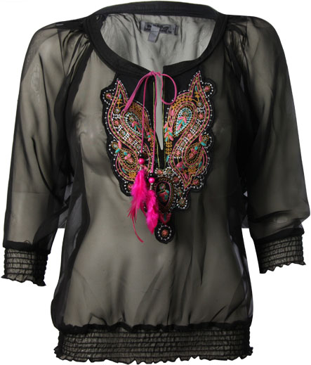 Gypsy blouse with detailed embroidered yoke and fluro feathers 100 Polyester