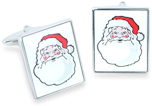 Two cartoons of a very cheerful Santa Claus make up these delightful cufflinks.
