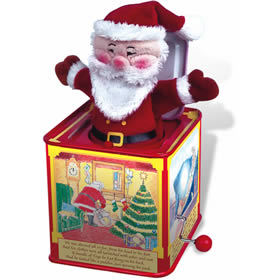 A metal  traditionally designed Father Christmas Jack-in-the-Box with charming illustrations