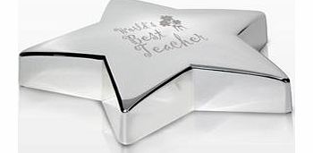 This fantastic Female Teacher Star Paperweight makes a fabulous end of term gift for your teacher that they can use time and time again.The paperweight is in a star shape and has a lovely shiny silver finish. Already engraved within are the words Wo