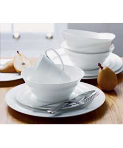 4 place settings.This set is white and is made of bone china and contains 4 dinner plates, 4 side