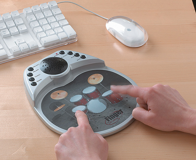 Mousepad with built-in 8 piece fully functional drumkit. Several beats to drum along to. Built-in me