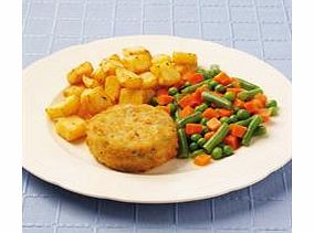 A delicious breaded fishcake made from smoked haddock, white fish, spring onions and Cheddar cheese. Served with minted fried potatoes, green beans, diced carrots and peas.
