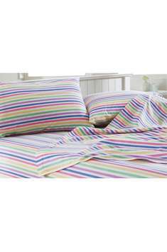 In printed candy stripe. Comprises: flat sheet, fitted sheet and pillowcase(s). Woven cotton. Machin