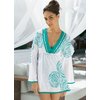 V-neck kaftan with flared sleeves and underbust drawcord fastening. Washable. Cotton.