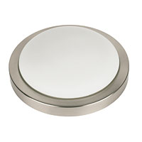Energy-saving flush wall or ceiling fitting with brushed chrome finish and acid glass shade
