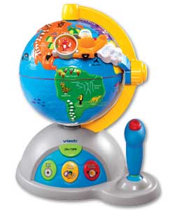 Moving electronic talking globe teaches places, na