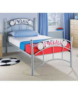 Bedstead with silver powder coated coloured frame.Football text printed on the curve of head and