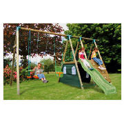 The Fort Lennox wooden play set features a swing, see-saw, slide and climbing wall to excite and ent
