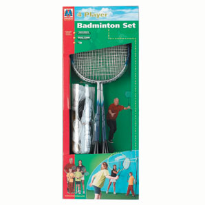 This family badminton game includes everything for doubles play with four badminton racquets, two sh