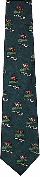 A dark green tie featuring a fox hunting scene repeated throughout