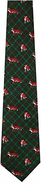 A lovely fox tie featuring red foxes on a green tartan-like background