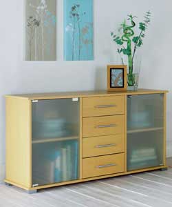 Size (H)65.5, (W)120, (D)40cm.Beech finish and frosted glass.2 glass doors with 1 adjustable shelf b