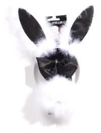 Our sexiest Bunny Girl set with black satin fabric and white marabou fluffy tail and ears.