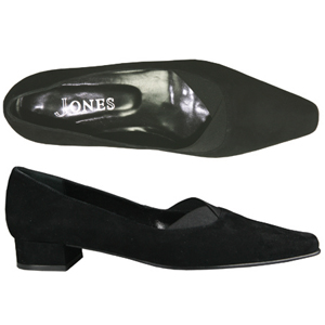 A smart slip on shoe from Jones Bootmaker. With squared toe and elasticated wrap straps to vamp, an 