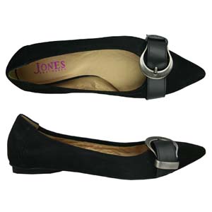 A fashionable suede pump from Jones Bootmaker. Features a large decorative buckle to the toe, slight