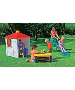 Playhouse, sand and water table and junior slide. For ages 3 years and over.