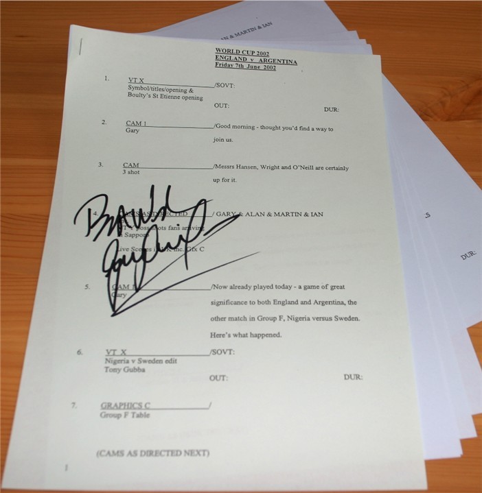 This is the original script that BBC frontman and former England striker Gary Linekar used when
