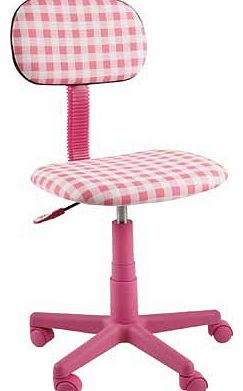 A simple height-adjustable desk chair with comfortable. padded seat and backrest. perfect for a childs bedroom. All the frame parts of this chair are pretty in pink and the seat and backrest are covered in a groovy gingham fabric. Wood frame. Seat he