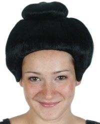 A black Japanese style wig with a flattened bun on top. Is intended to be used for a Geisha but