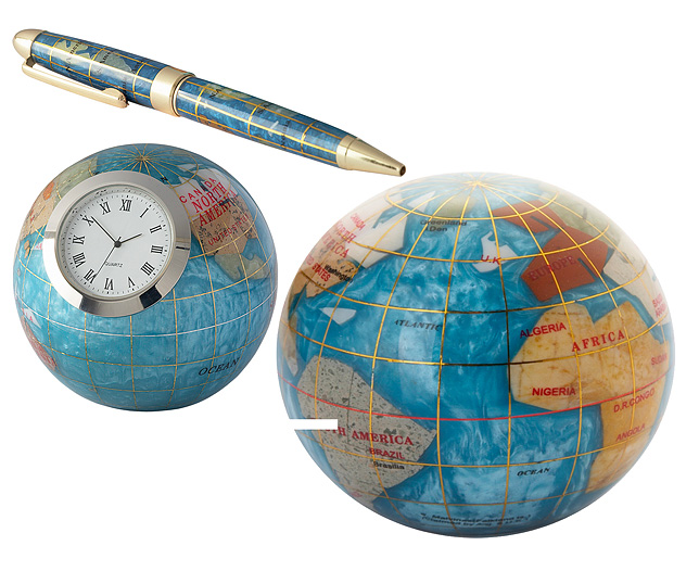 Unbranded Gemstone Globe Paperweight Clock and Pen Turq